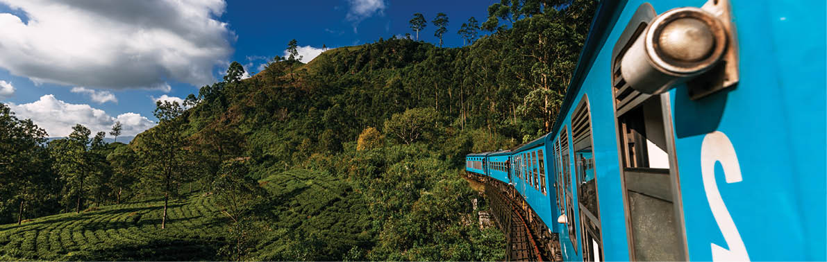 Blue train in Sri Lanka, panorama. Train from Ella in Nuwara Eliya in Sri Lanka island. Travel to Sri Lanka, the blue train travels through tea plantations. Traveling by train. Copy space
